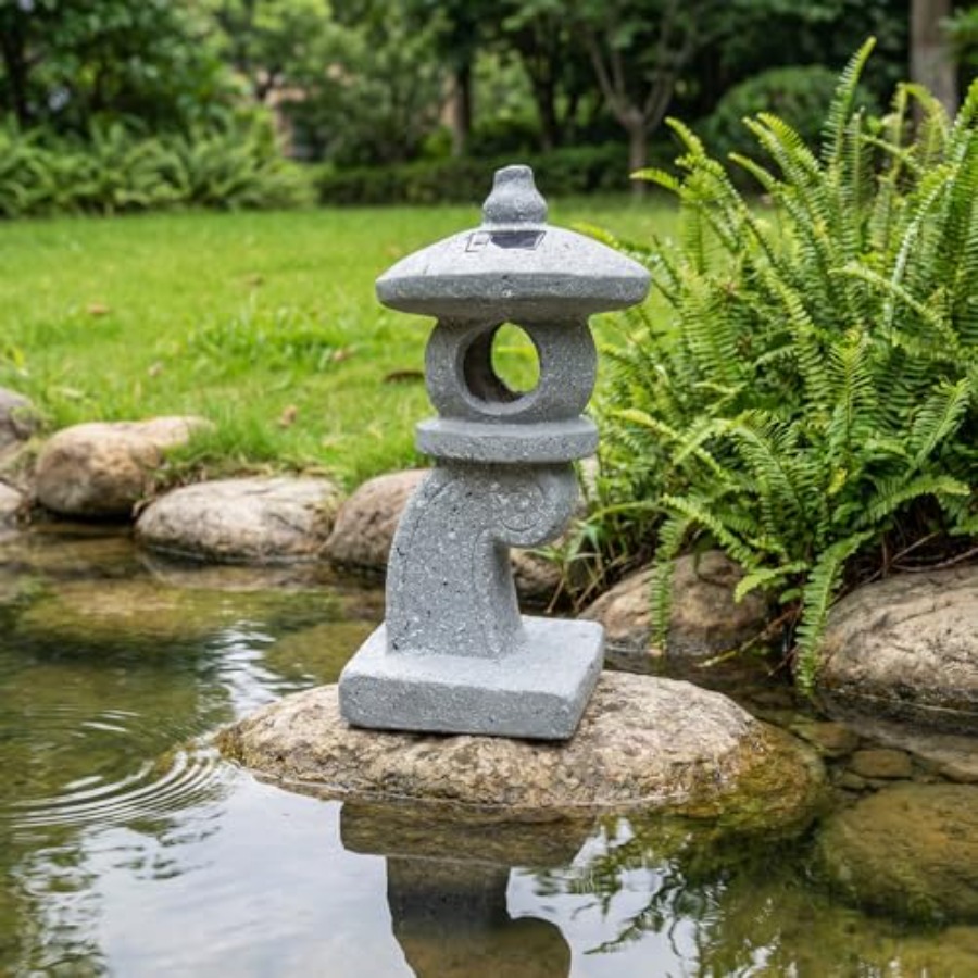 Outdoor Zen Lighting - 14インチの高さのアジア風ソーラー式禅塔ガーデンスタチューLEDライトソーラーランプ、屋外用和風装飾、美的ガーデンフィギュア
