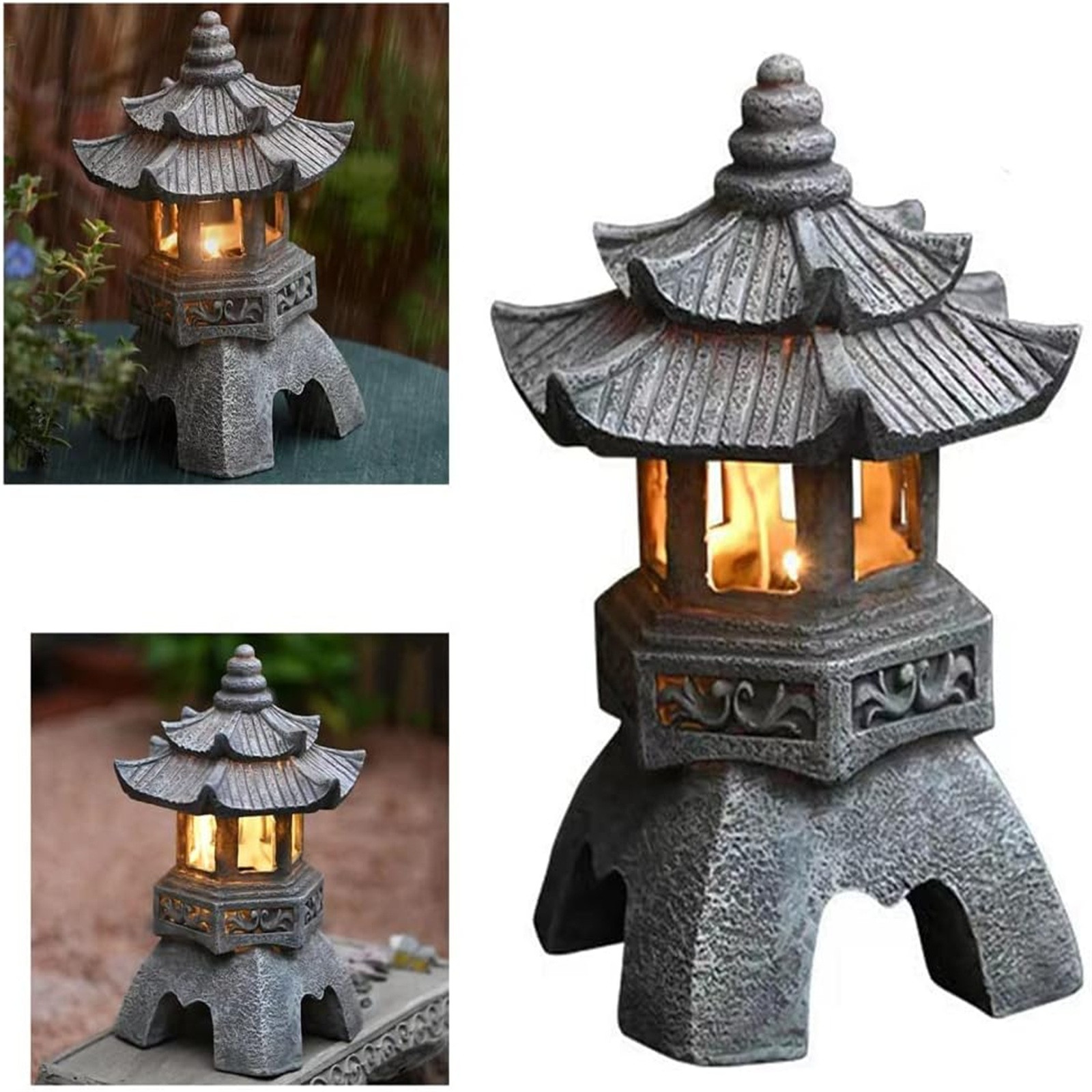 Outdoor Zen Lighting - 屋外ソーラーパワーLEDパゴダの像、日本の庭の装飾、zenランタン、ちらつきライト