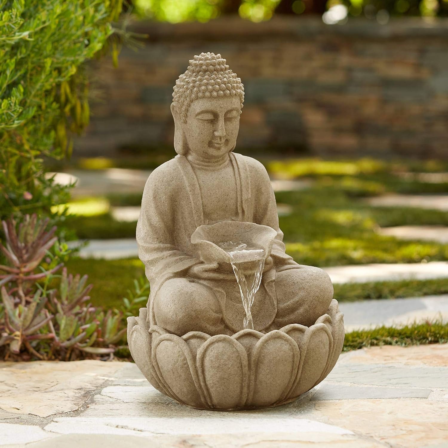 Outdoor Zen Lighting - 高さ22インチのLEDライト付き大型屋内外兼用禅風噴水 | アジア風装飾砂岩製床置き滝型水景
