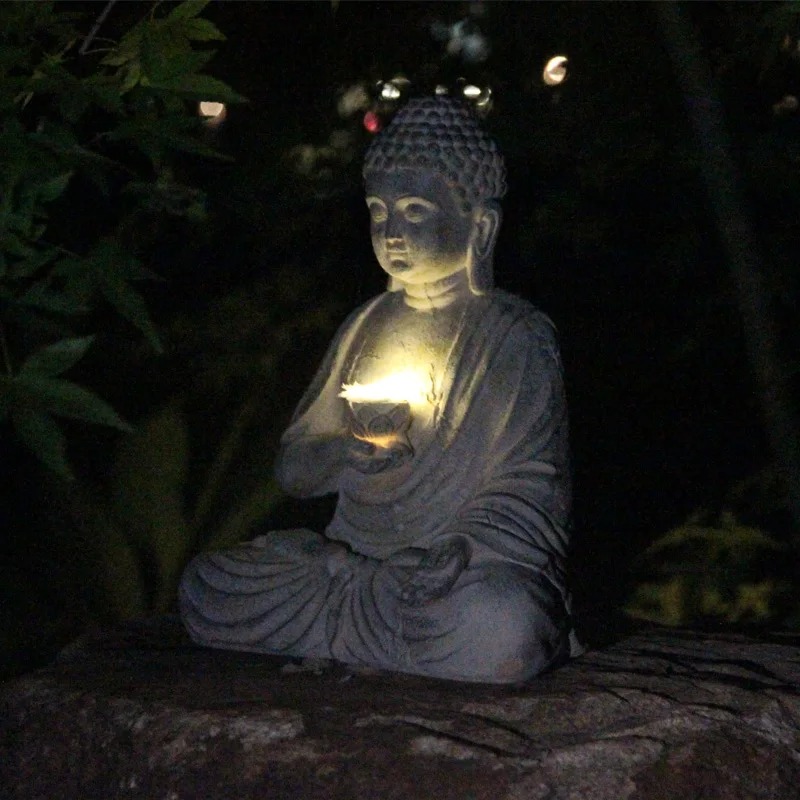 Outdoor Zen Lighting - 樹脂製仏像彫刻ソーラーLEDライト禅アジアン和風庭園装飾屋外玄関ポーチパティオ庭園ホームデコレーション