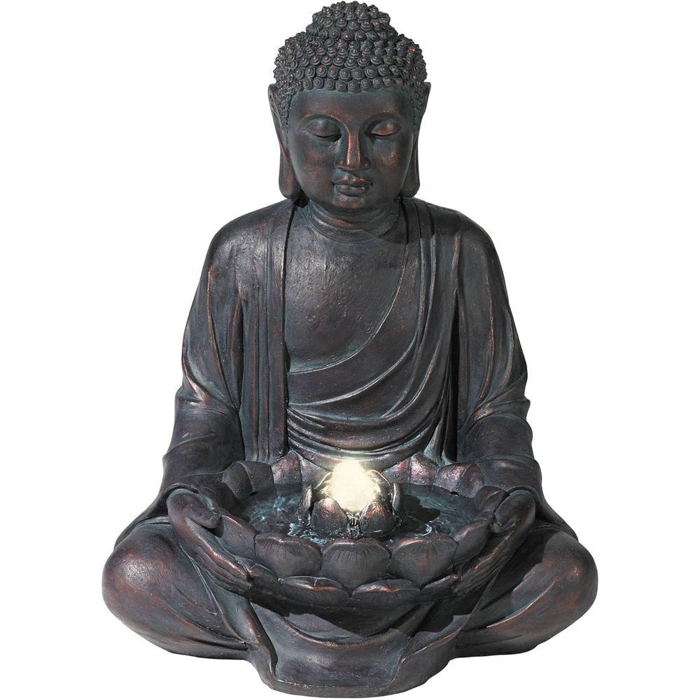 Outdoor Zen Lighting - 瞑想仏像 高さ24インチ 大型禅アジアン室内/屋外装飾 樹脂製噴水ライト付きLEDスタンド式バブラー水景