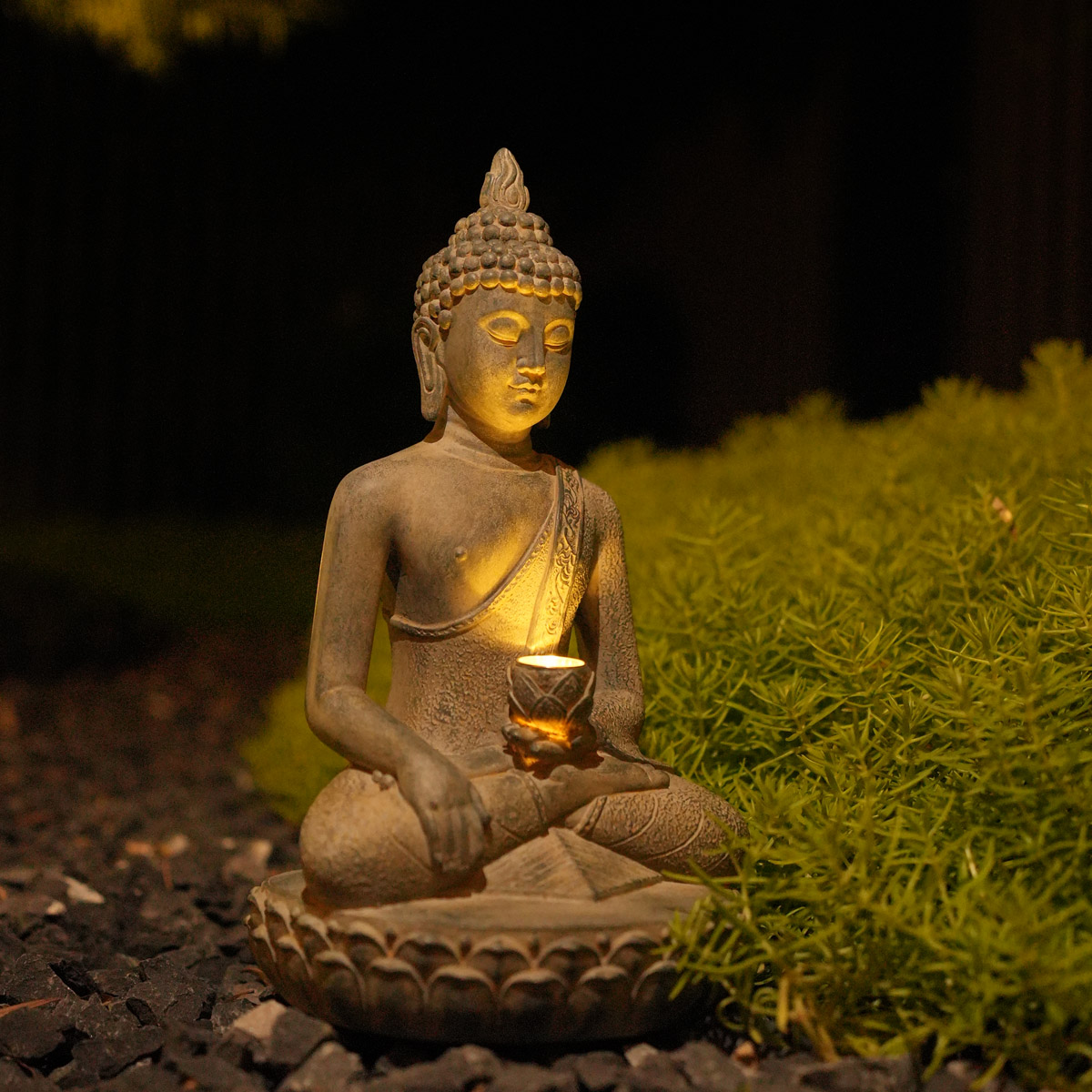 Outdoor Zen Lighting - 禅の精神にインスパイアされたソーラーライト付き仏像 - 樹脂製ガーデン＆玄関装飾、屋外飾り