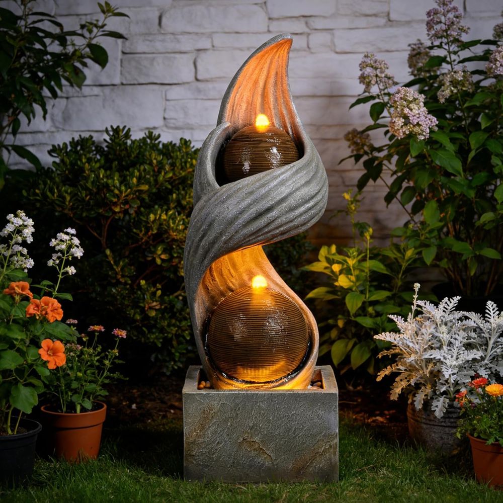Outdoor Zen Lighting - 42.9インチ大型屋外噴水、二重球体付きスパイラル噴水、ライト付き禅風水景噴水