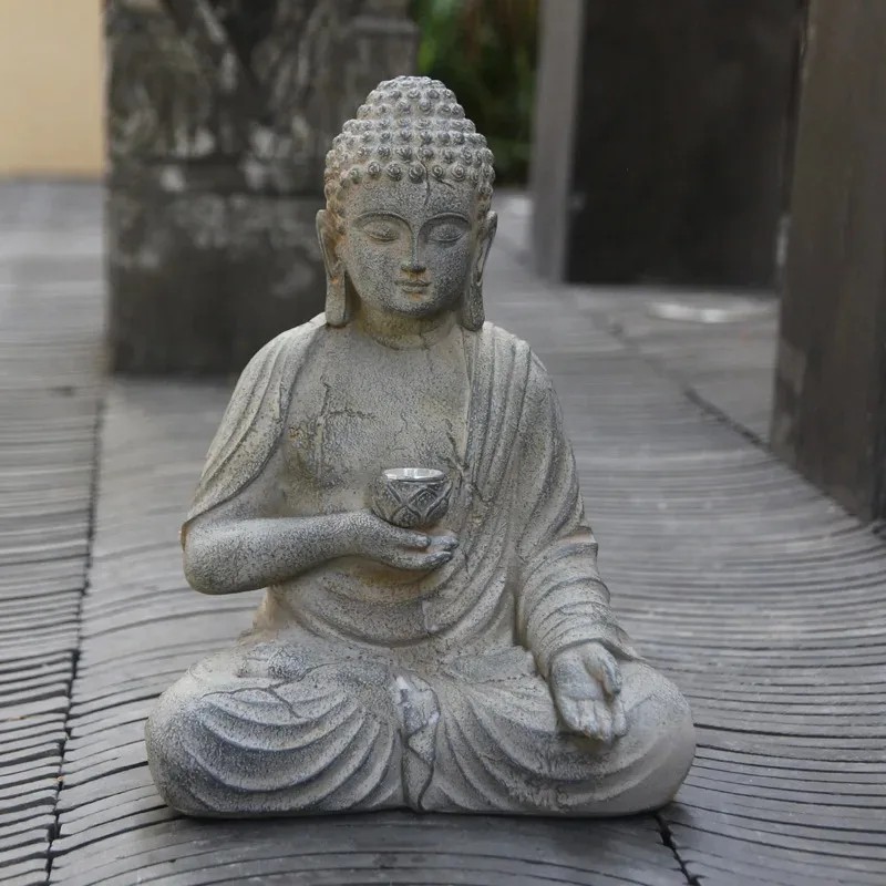 Outdoor Zen Lighting - 2026年最新モデル 樹脂製仏像彫刻 ソーラーLEDライト付き 禅風アジアン和風庭園装飾 屋外正面飾り