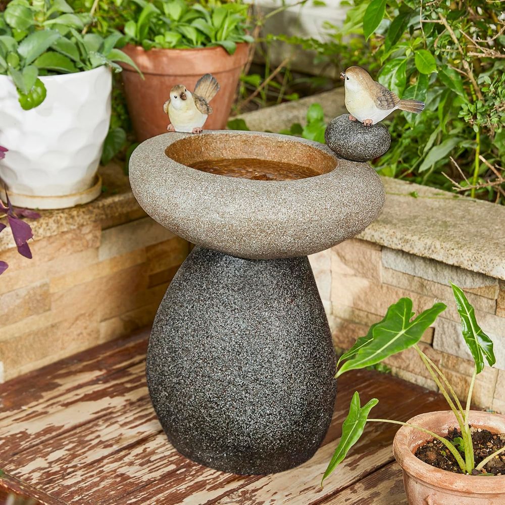 Outdoor Zen Lighting - 高さ20.75インチのLEDライトとポンプ付きウォーターファウンテン、禅スタイルの石模様のバードバス、鳥の装飾が施された屋外噴水、loor oun