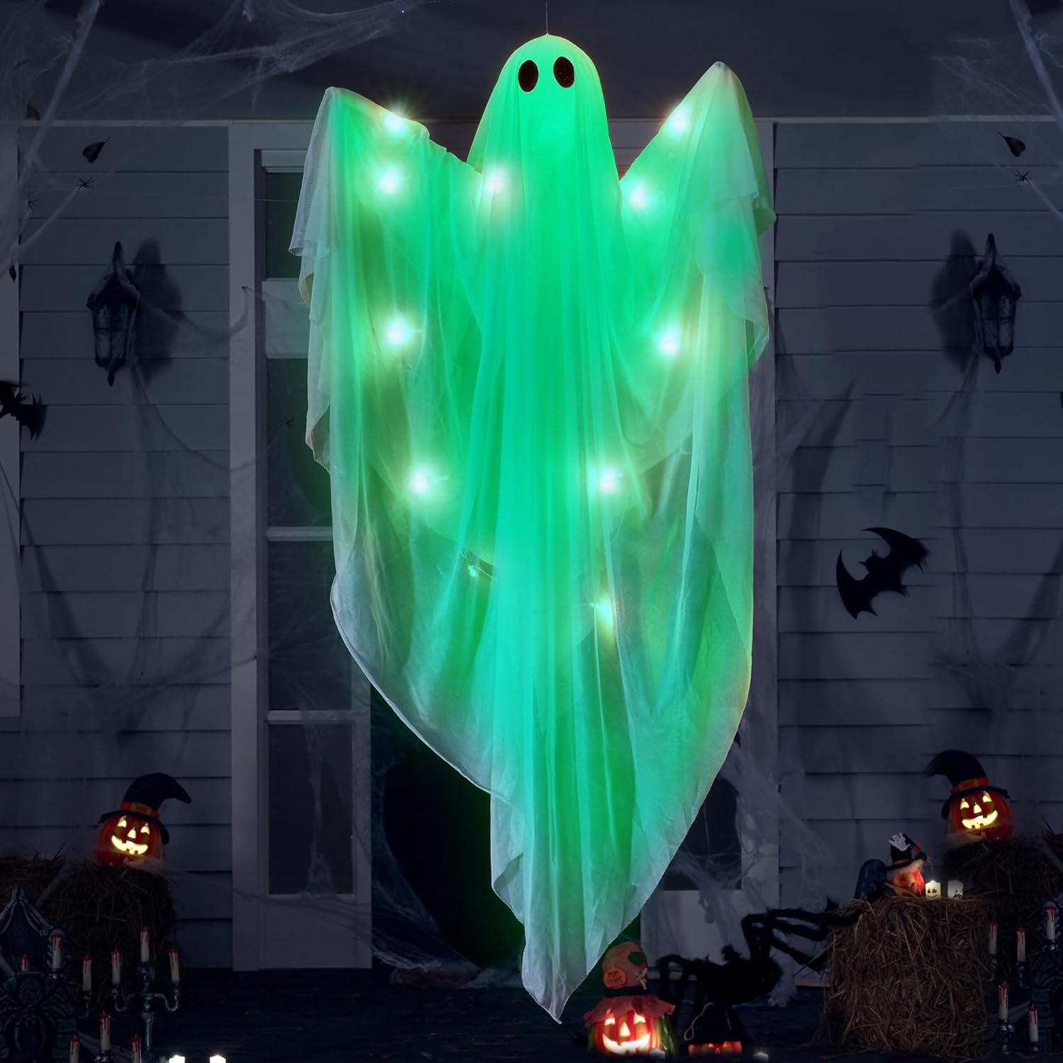 Outdoor Lighting Front Yard - ハロウィン ハンギングライトアップゴースト 不気味な緑色のLEDライト付き 47インチ ハロウィン ハンギングホワイトゴーストデコレーション
