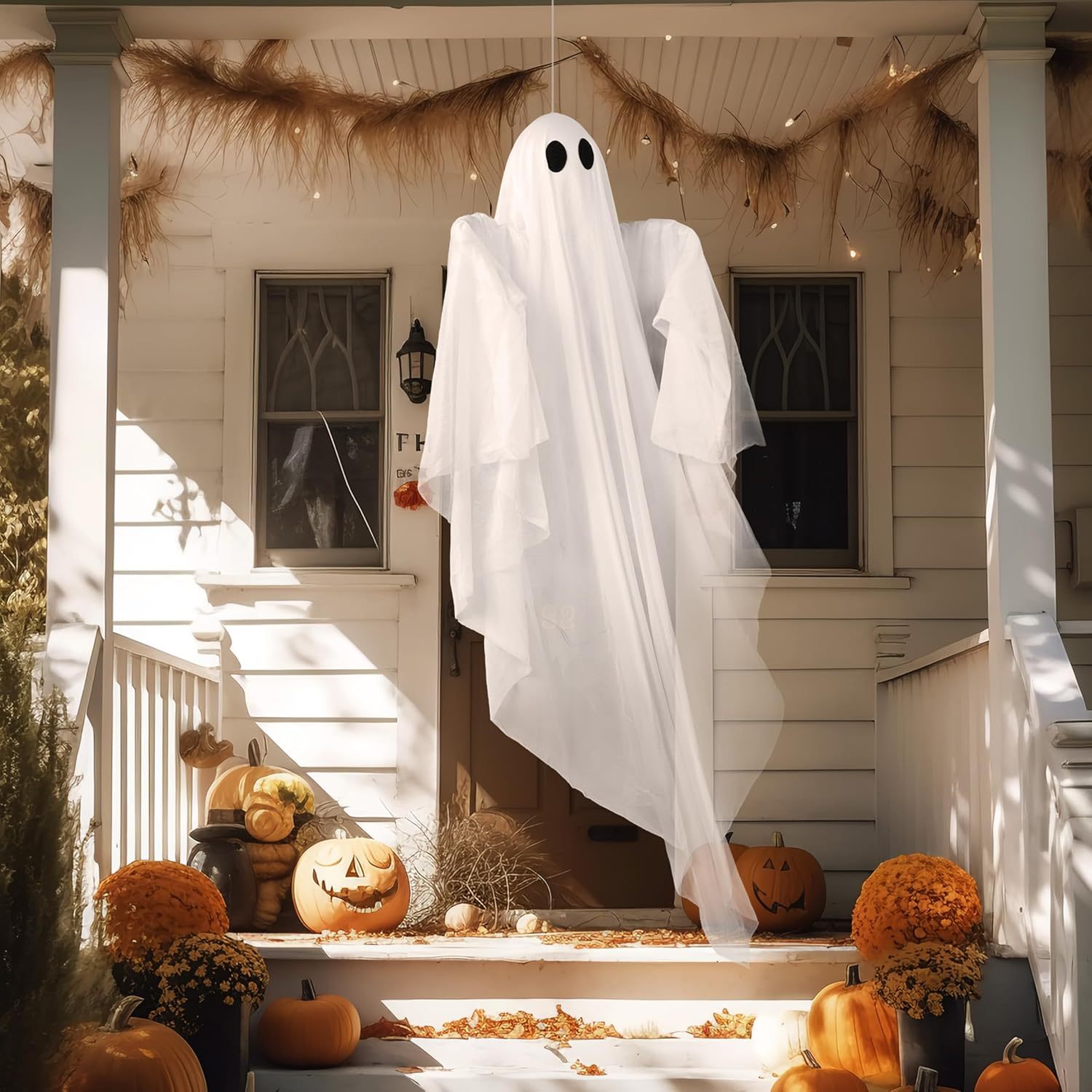 Outdoor Lighting Front Yard - ハロウィン吊り下げライトアップゴースト 不気味な白いLEDライト付き 47インチ ハロウィン吊り下げゴーストデコレーション フロントヤードパティオ芝生ガーデンパーティー装飾 屋内屋外用