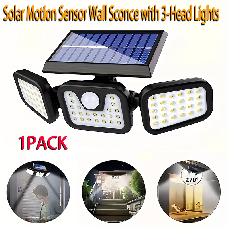 Outdoor Lighting Front Yard - 74LED ソーラーライト 3 ヘッドモーションセンサーウォールランプ調整可能な明るさ屋外庭園照明フロントドアガレージヤードパスワ用