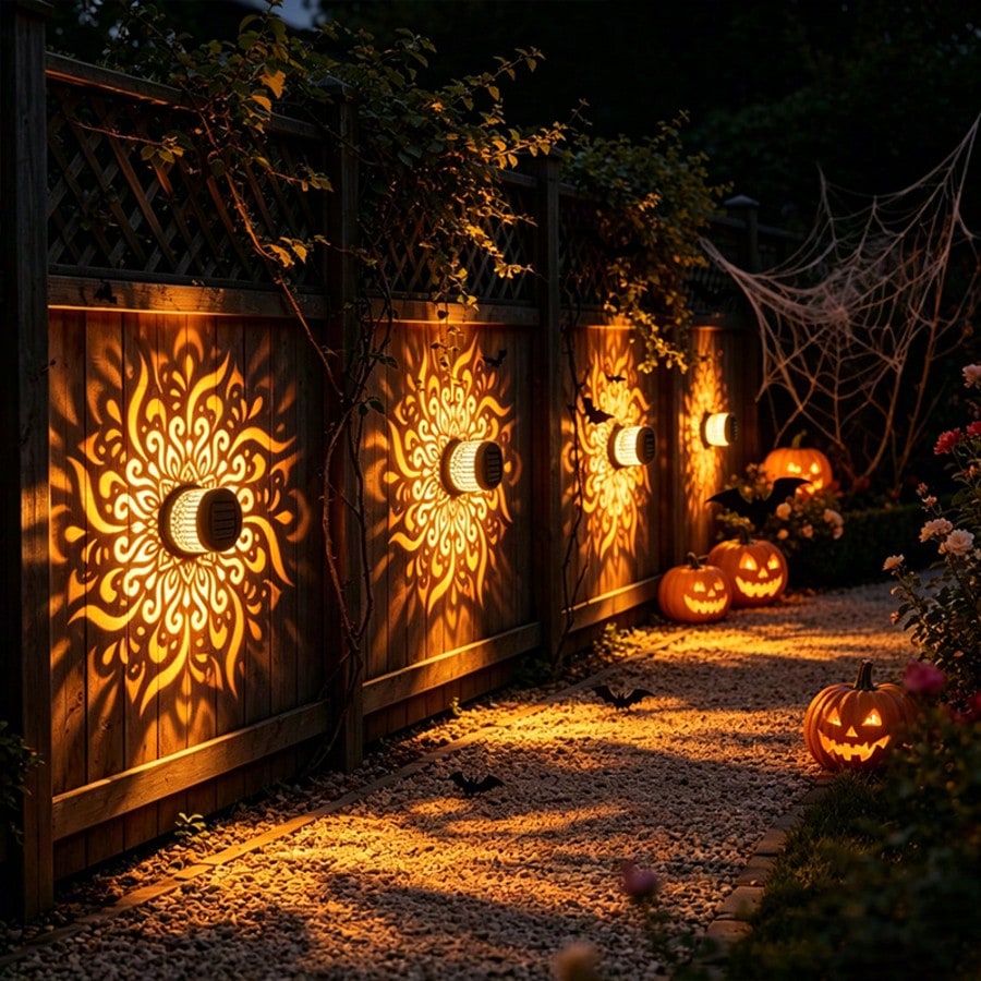 Outdoor Lighting On Fence - 1/2個入りマンダラソーラーフェンスウォールランププラスチックシェルLEDマルチカラー照明モードソーラー式装飾ライトガーデンテラス用S