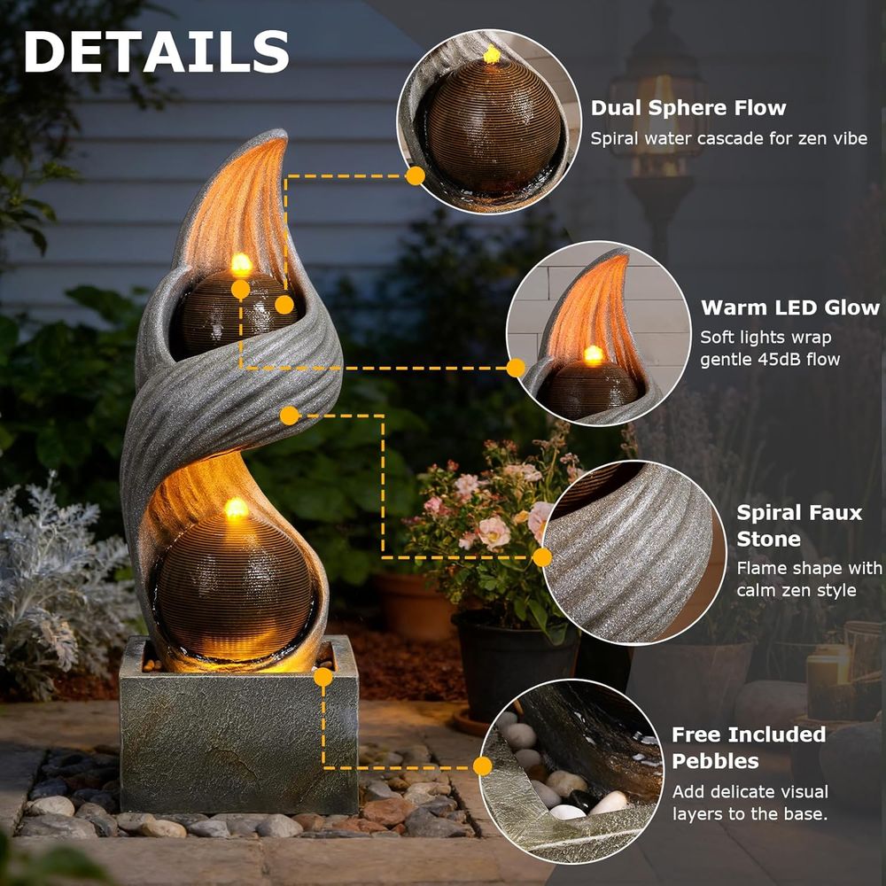 42.9インチ大型屋外噴水、二重球体付きスパイラル噴水、ライ - Outdoor Zen Lighting のレビューと価格