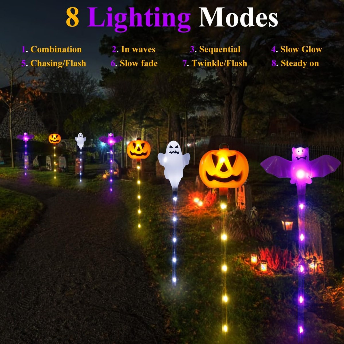 1セット6個入り ハロウィンソーラーパンプキンゴーストバット - Outdoor Lighting Front Yard のレビューと価格