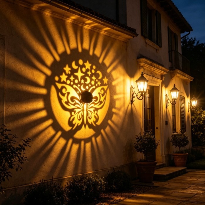 ソーラーマンダラバタフライプロジェクターウォールライトカラフ - Outdoor Lighting On Fence のレビューと価格