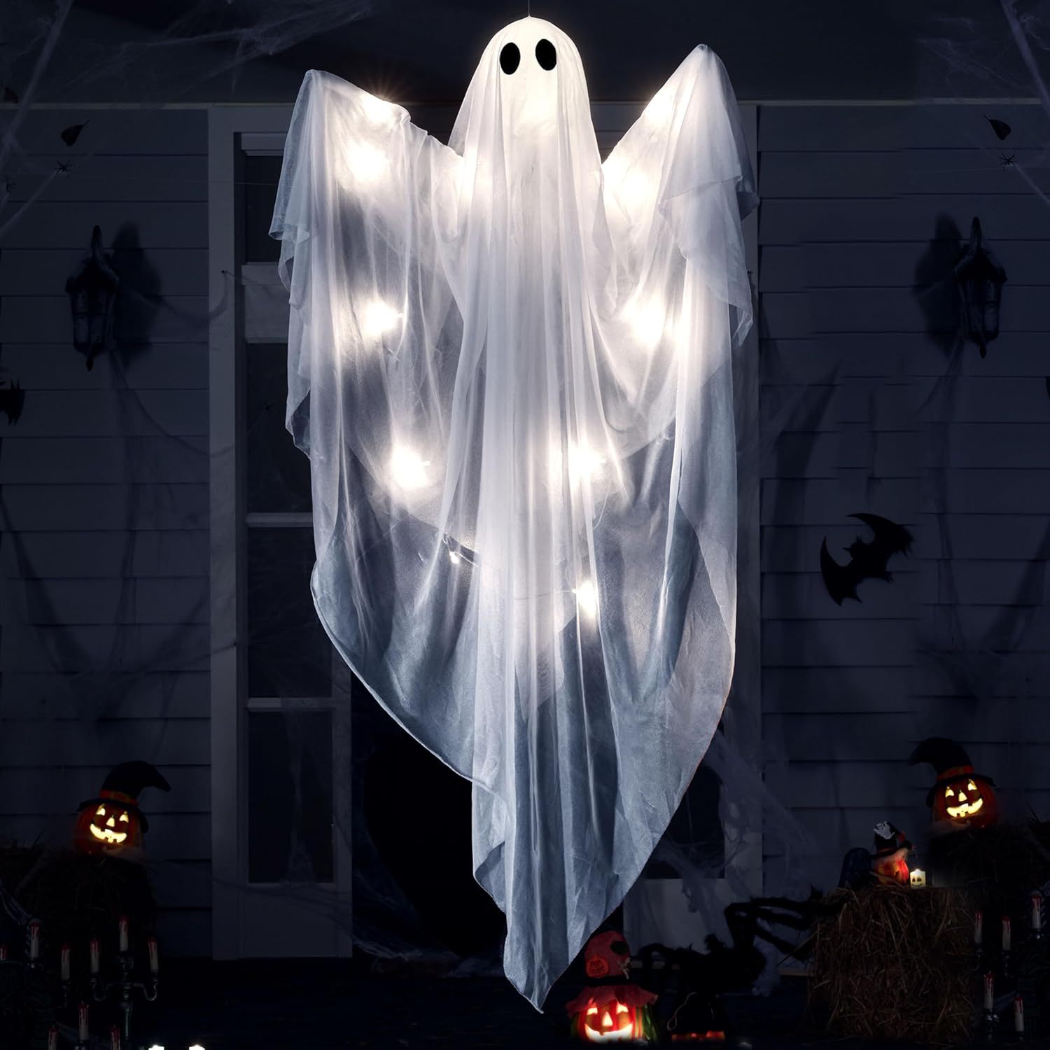 ハロウィン吊り下げライトアップゴースト 不気味な白いLEDラ - Outdoor Lighting Front Yard のレビューと価格