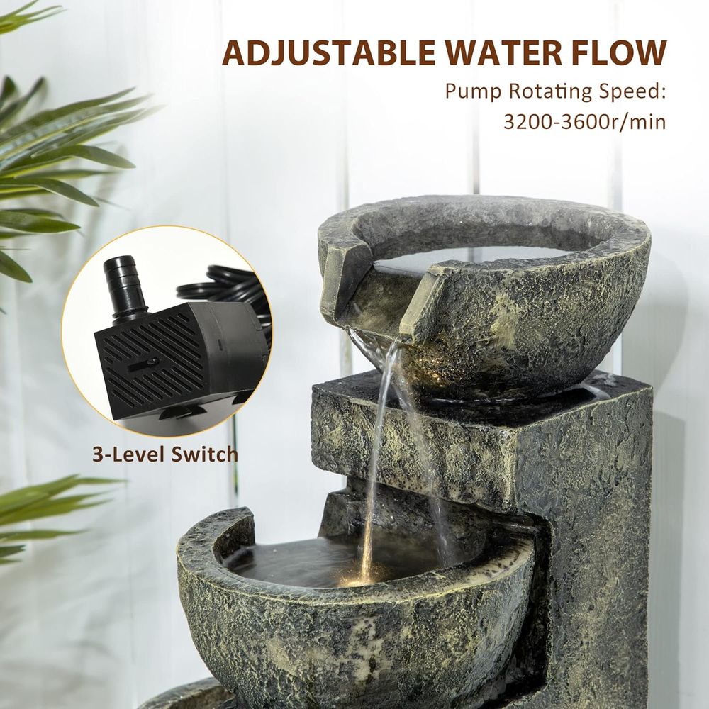4段石製ボウル滝、流れる水と調節可能な流量、LEDライト付き - Outdoor Zen Lighting のレビューと価格